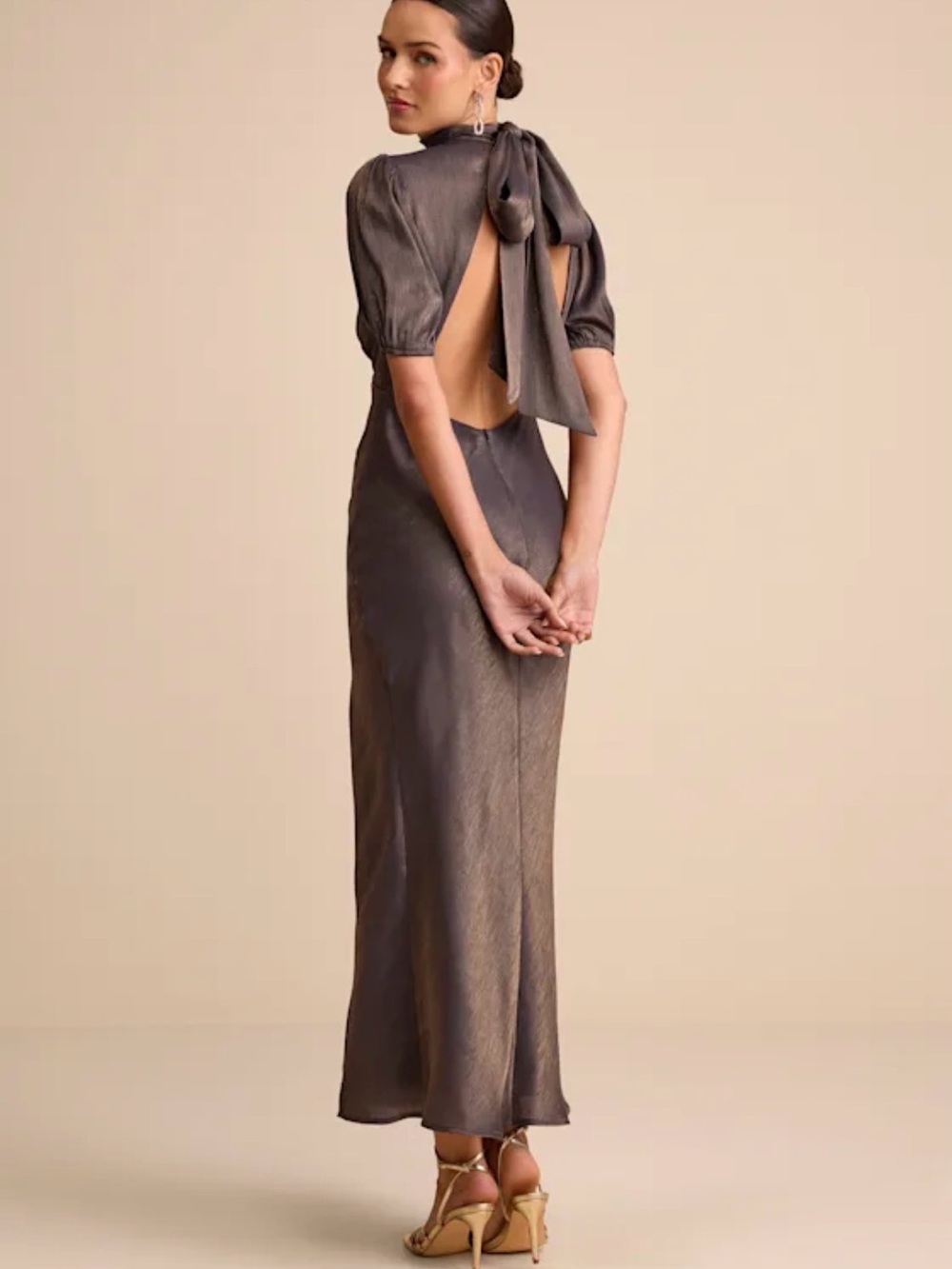 Lulu's Metallic Taupe High-Neck Maxi Dress with Puff Sleeves - Picture 2 of 9
